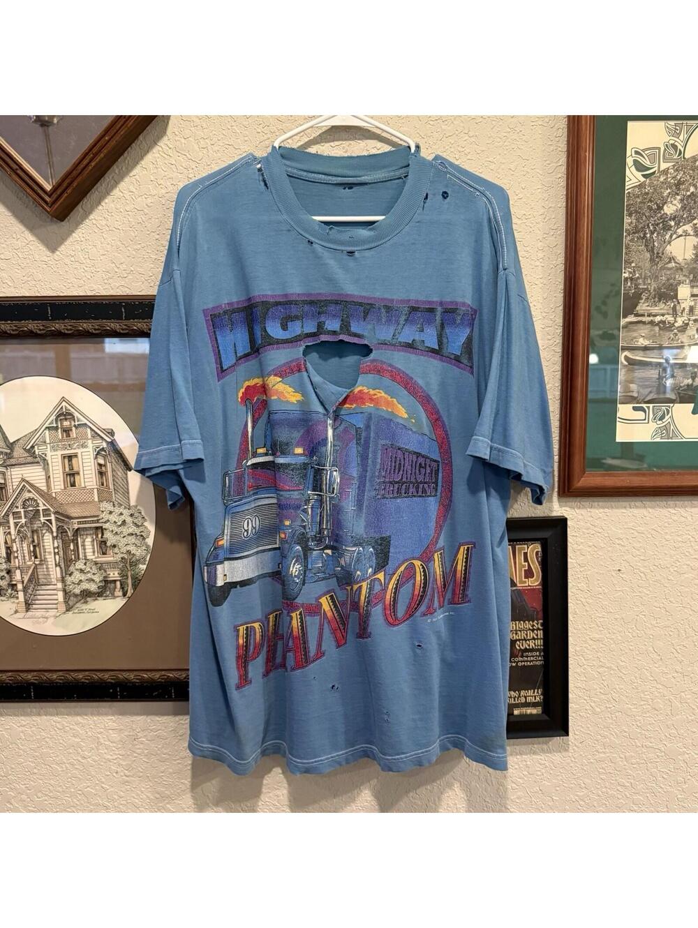 Vintage 90s RARE Highway Phantom Trucking Art Shirt Mens XL USA (Holes)